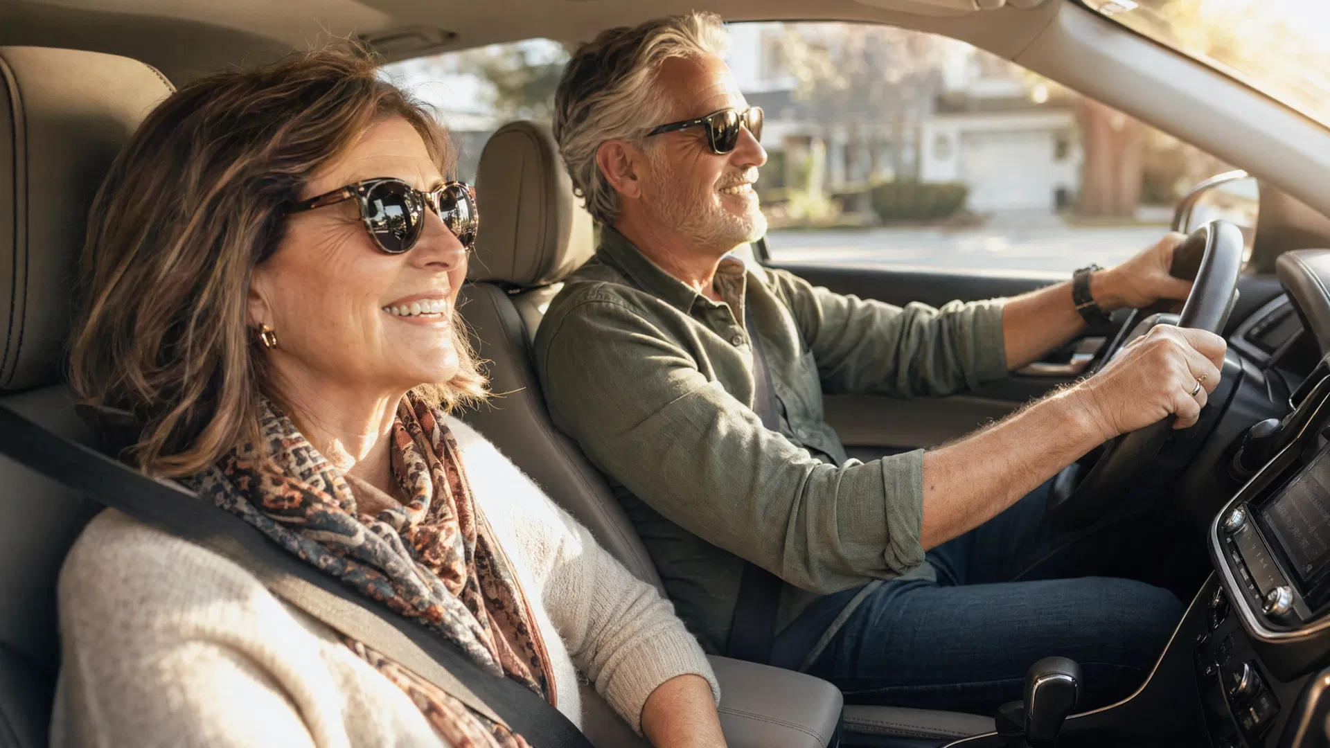 Happy couple in their 50s driving comfortably
