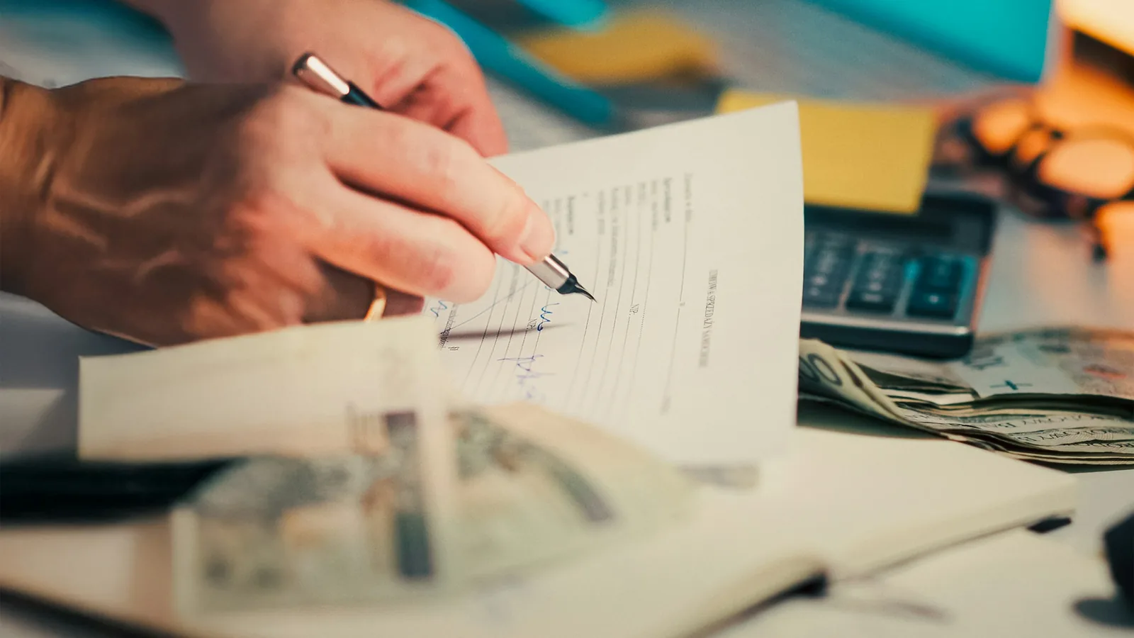 Person signing a loan document at a desk with a calculator and paperwork