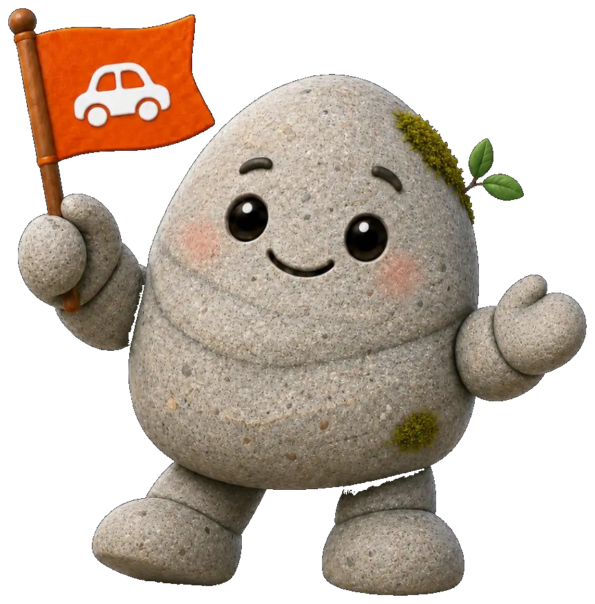 Pebble character holding a car insurance flag