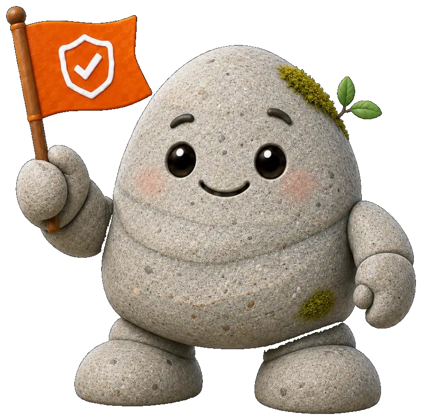 Pebble character holding an insurance flag