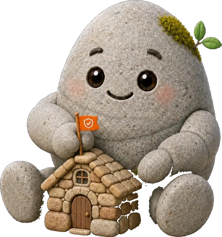 Pebble character with a small stone house for home services